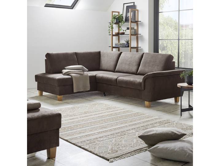 Ecksofa mit Schlaffunktion Braun Microfaser Canay 253 x 91 x 185cm Schlaffunktion davorstehend rechts mit Schlaffunktion Modern