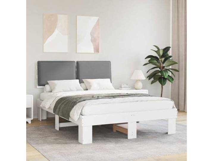 Massivkiefer Polsterkopfteil modern Schlafzimmer 140x190 Hellgrau Bettgestell mit gepolstertem Kopfteil Hellgrau 140x190 cm Massivholz Kiefer Lattenrost Ohne Boxspring Modern