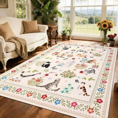 Garvee Pastoral Cat Pattern Washable Area Rug