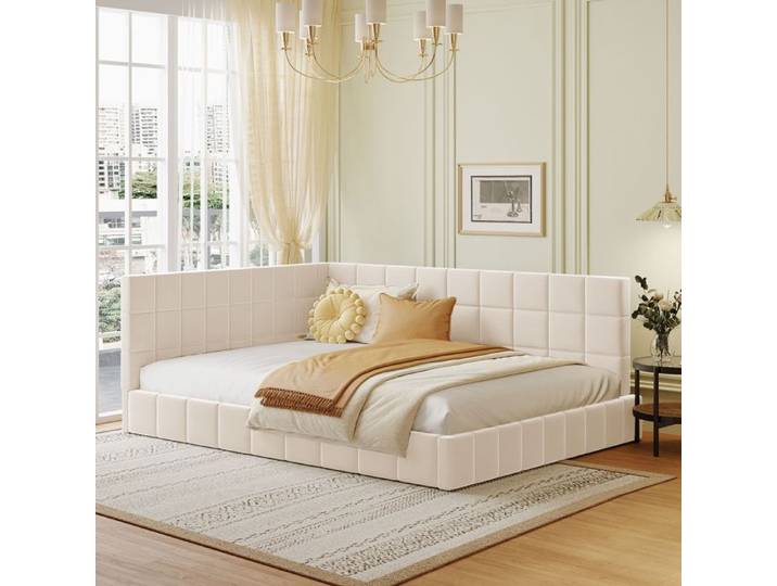 Lit canapé multifonction - Rembourré en velours beige - Dimensions assemblées 206x148x62.5 cm - Transformable en canapé