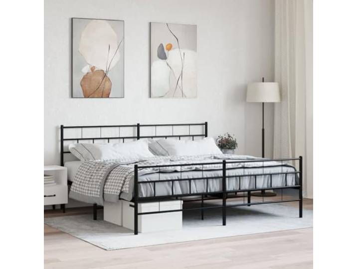 Pulverbeschichteter Stahl Metallbett mit Stauraum klassisches Design Bettgestell mit Kopf- und Fußteil Metall Schwarz 200x200 cm Stabiles Stahlbett mit Stauraum für Schlafzimmer Gästezimmer