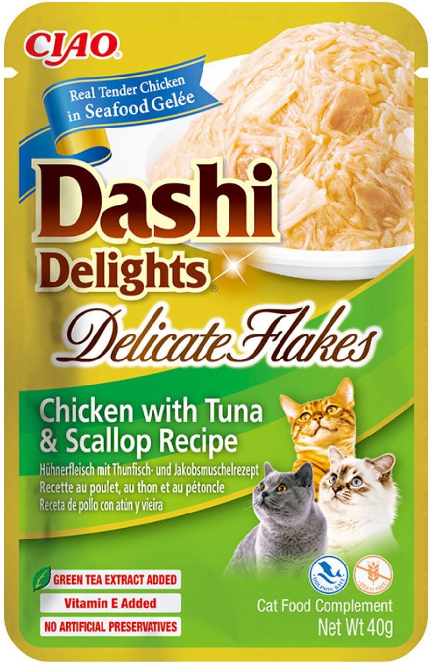 Inaba® Ciao® Inaba Dashi Delights Delicati Fiocchi di Pollo con Tonno e Capasanta in Brodo Cibo Umido per Gatti 40 g