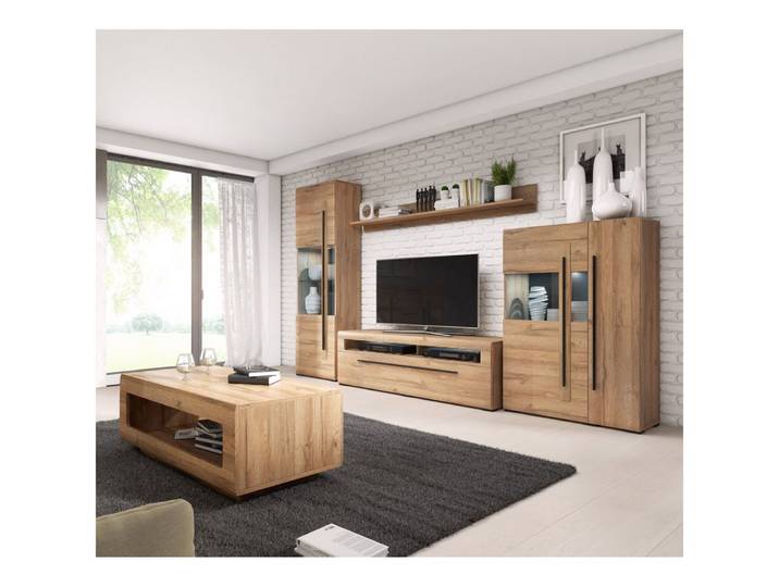 Lomadox Wohnwand TURDA-83, (5-St), braun, Grandson Eiche Nb., Beleuchtung, Glas Einsätze, Metallgriffe