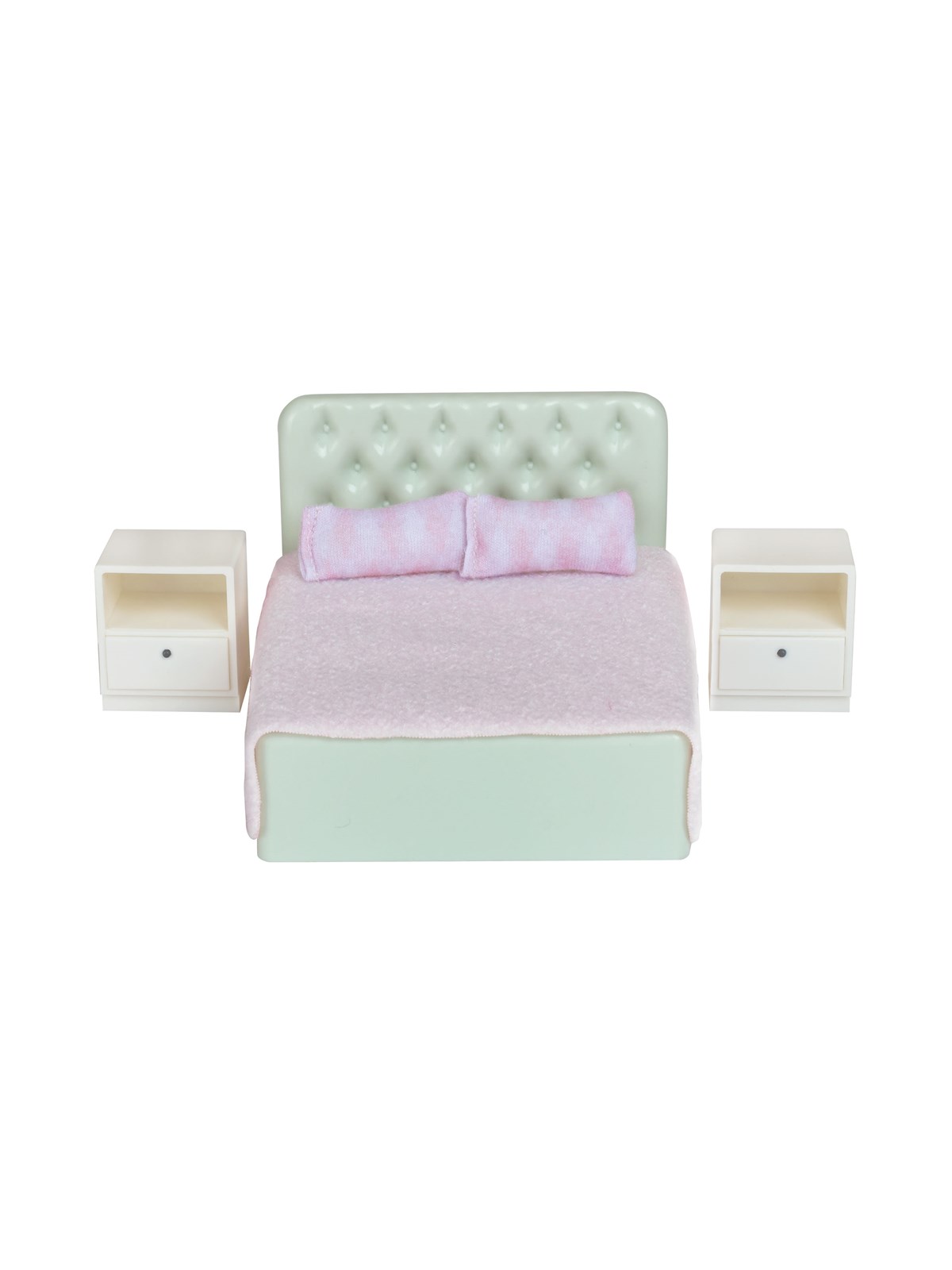 Micki Lundby grünes Bett mit Kopfteil, pinker Decke, 2 Kissen, 2 Nachttischen mit Schubladen