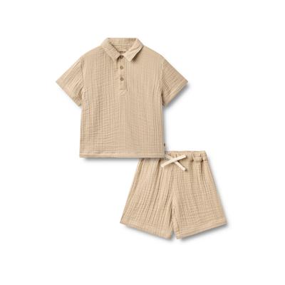 Trainingsanzug WHEAT "WHEAT Set Shirt S/S & Shorts Svend", Mädchen, Gr. 110, beige (warm sand), 100% Baumwolle (Bio), unifarben, Sportanzüge Trainingsanzug