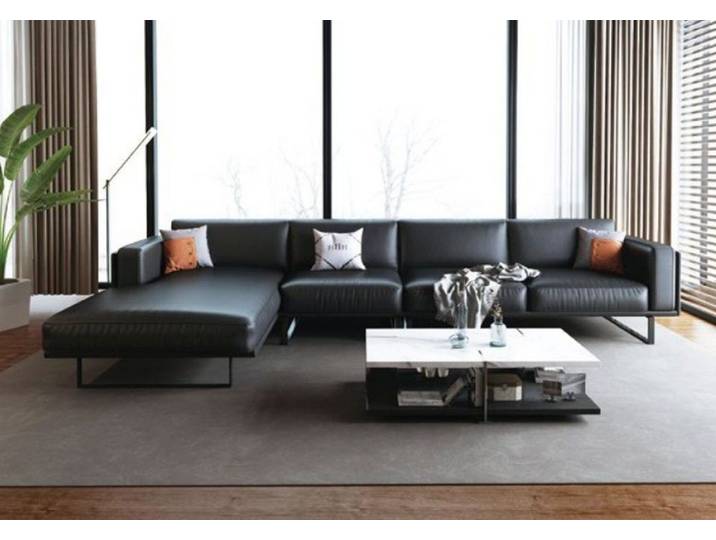 JVmoebel Ecksofa Schwarzes Nappaleder Ecksofa mit Wellenunterfederung, Made in Europa