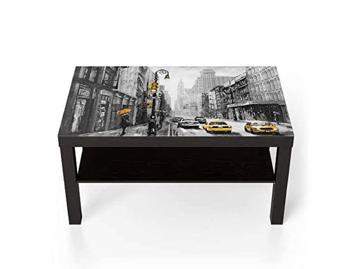 DEQORI Glastisch schwarz groß 90x50 cm Motiv Gelbe Akzente auf Straße ausgefallener Beistelltisch aus Glas Hochglanz Couchtisch fürs Wohnzimmer moderner Couch Tisch mit Design