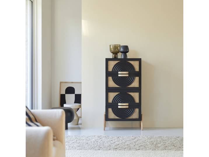 Kommode aus massivem Mangoholz schwarz und Rattan Sina - Schwarz