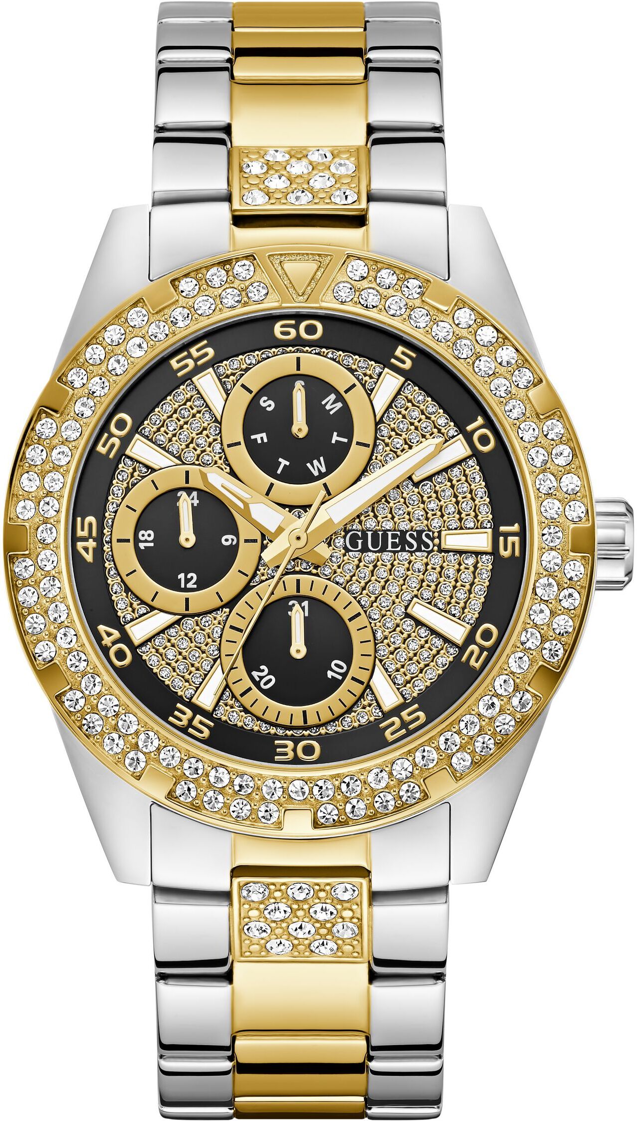 Multifunktionsuhr GUESS "ORION", gold (silbergoldfarben, schwarz, schwarz), Armbanduhren, Herren, goldfarben, Multifunktionsuhr, Quarzuhr, Armbanduhr, Herrenuhr, Edelstahlarmband, analog, Wochentag