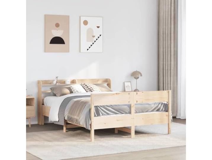 RJPLMFV Bettgestell, 150 x 200 cm, massives Kiefernholz Lattenrost inklusive, Kopfteil mit 3 Ablagen, praktische Aufbewahrung, ohne Matratze
