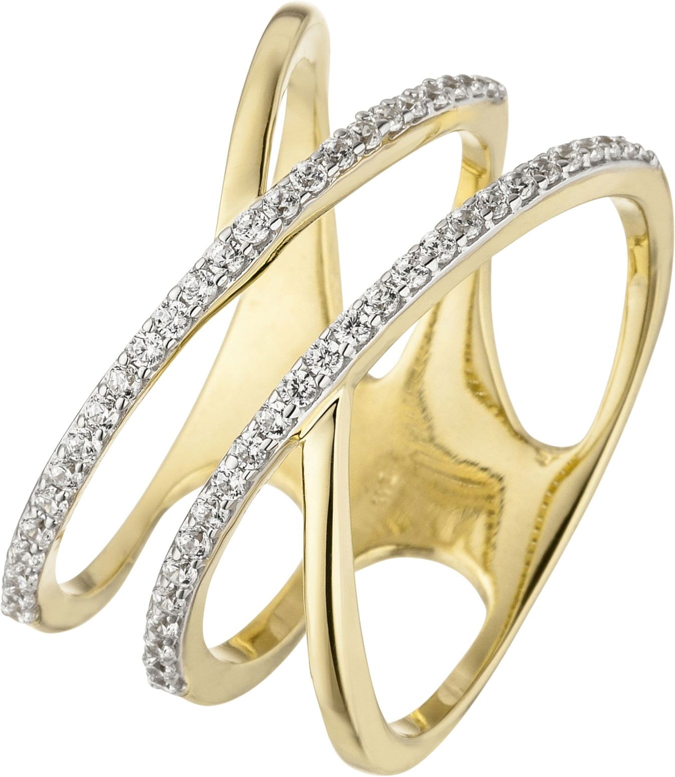 Goldring JOBO Gr. 52, gelb (gelbgold 375), Fingerringe, Damen, 52, Gelbgold 375, Goldring, breit mehrreihig 375 Gold mit 52 Zirkonia