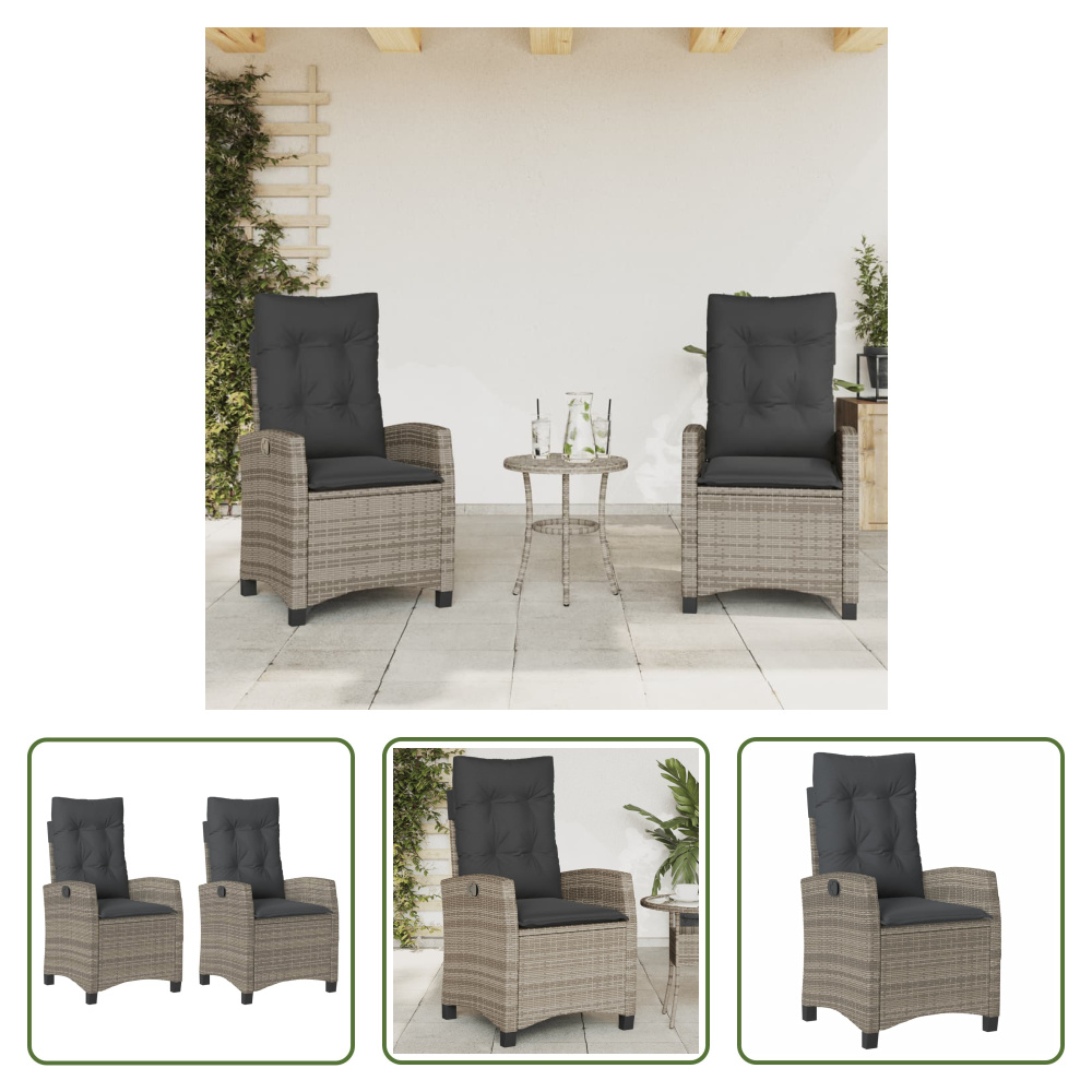 The Living Store Gartensessel mit Kissen 2 Stk. Verstellbar Grau Poly Rattan