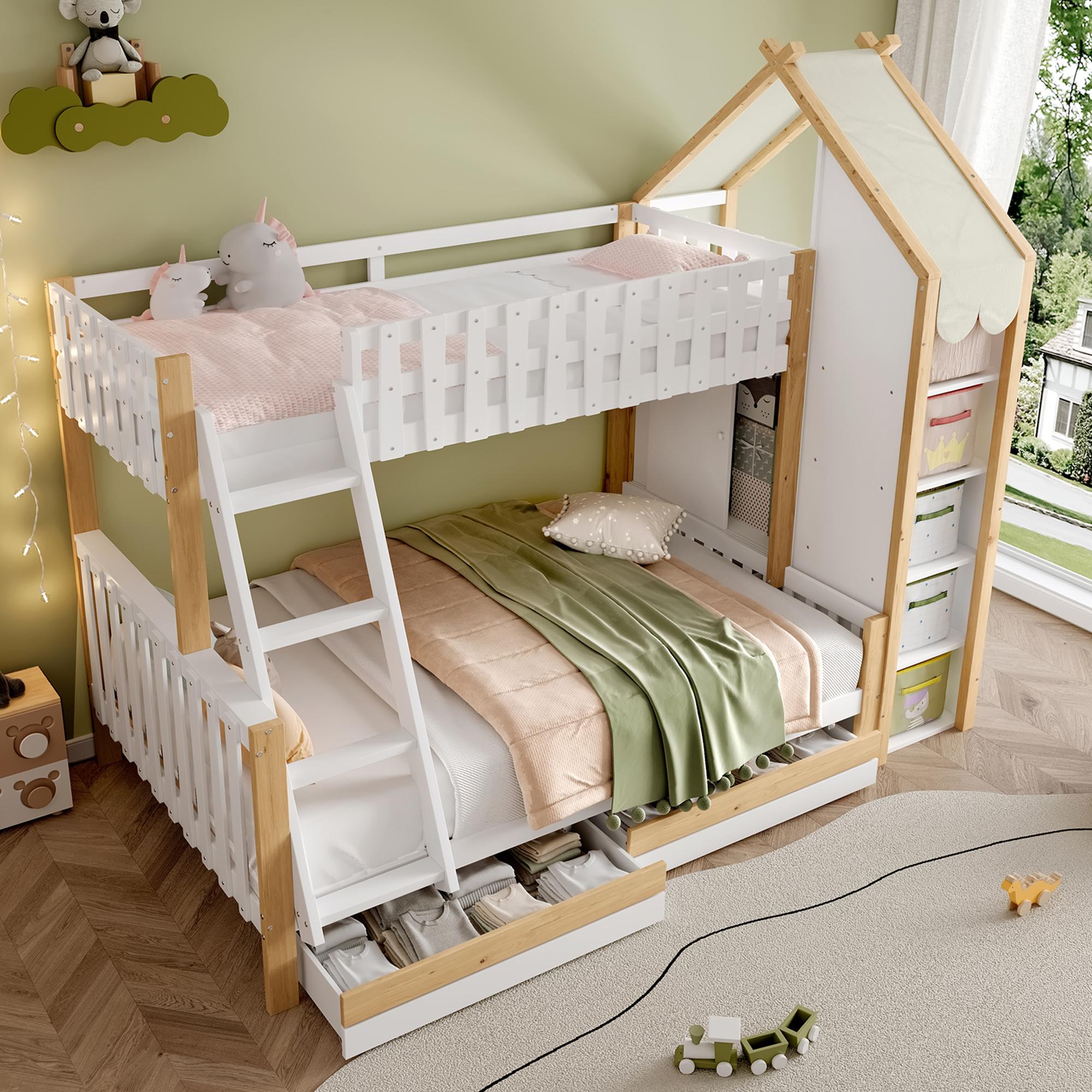 Etagenbett 90x200cm und 140x200cm aus Kiefernholz und MDF im Hausdesign, Weiß/Natur, mit Stauraum und zwei Schubladen für das Kinderzimmer