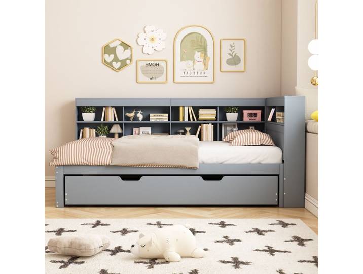 Canapé-lit - KOMHTOM - 90x200 cm - Lit escamotable 90x190 - Bois massif - Rangements intégrés