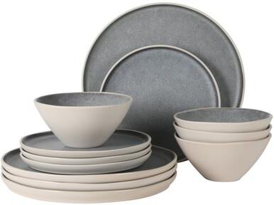 Gibson Elite Coastal Forest Plates and Bowls Sets, 12-Piece Stoneware Dinnerware Sets, Triple Reactive Glaze Dish Set