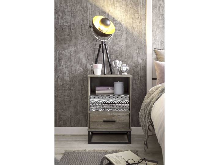 Nachtkommode SIT Makarska mit 2 Schubladen und offenem Fach , schwarz (schwarz, weiß), B:40cm H:62cm T:38cm, MDF, Sideboards, Nachtkommode, Dekorative graue Musterfront im modernen Skandi-Stil