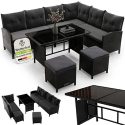 Juskys Gartenlounge Manacor schwarz - Sofa, Tisch, Hocker & Kissen - 8 Personen - Sitzbezüge in Grau