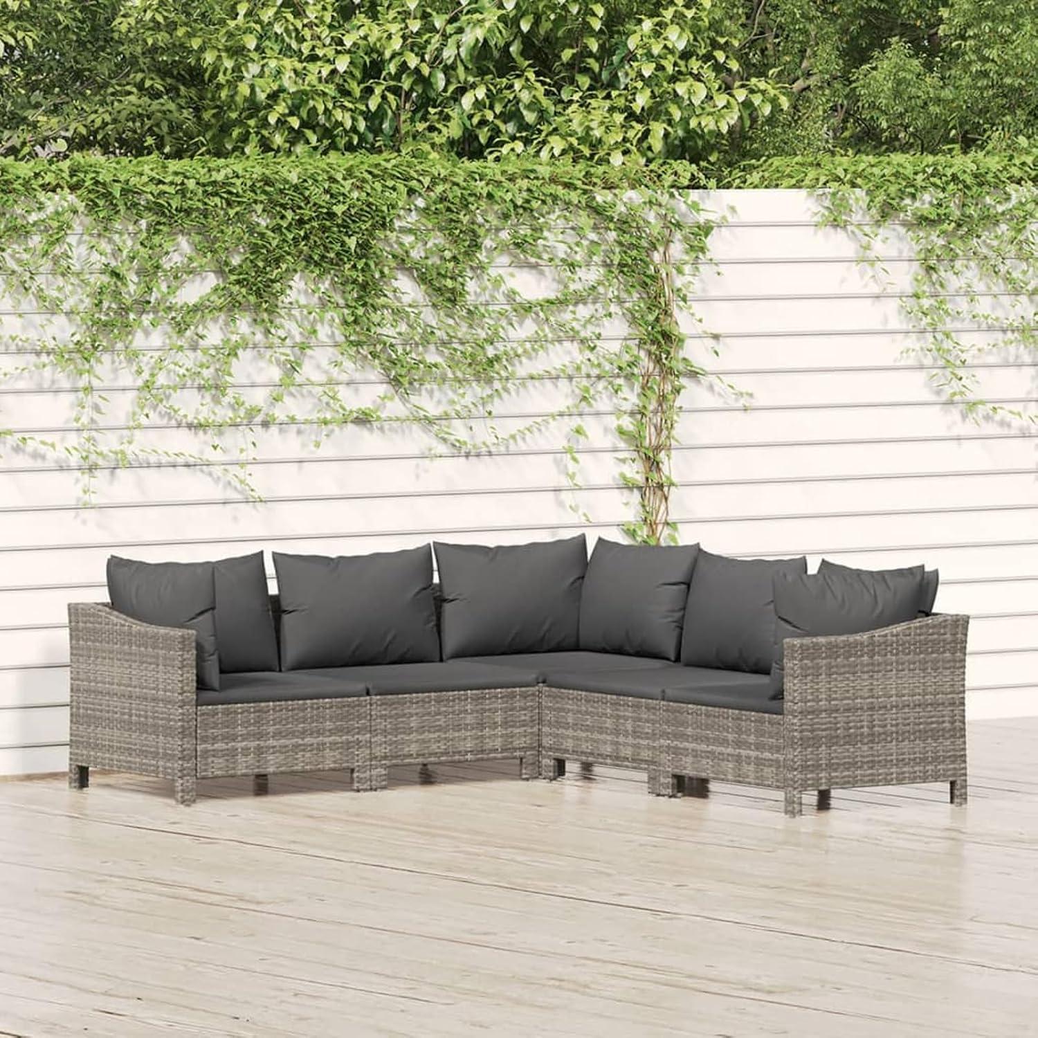 5-teilige Gartenlounge-Garnitur aus grauem Poly-Rattan mit Kissen