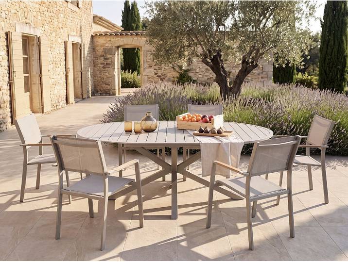 Garten-Essgruppe aus Aluminium: ausziehbarer runder Tisch L.150/200 cm und 6 stapelbare Sessel - Taupe - YOHA von MYLIA