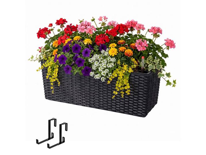 Relaxdays Balkonkasten Schwarz mit Halterung Selbstbewässerung Füllstandsanzeige, Kunststoff, Metall, 50x19x19 cm, Dekoration, Blumen & Blumentöpfe, Übertöpfe