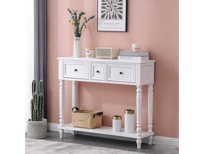 LEUBDIBR Massivholz‑Konsolentisch mit 3 Schubladen für Eingang und Flur Kiefernholz‑Konstruktion, 3 geräumige Schubladen, Größenauswahl, Wand‑Design(White,100cm/39.4in)