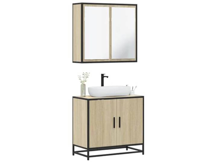 ZQQLVOO 2-TLG. Badmöbel-Set Sonoma-Eiche Holzwerkstoff Metallgestell, Lowboard, Waschbeckenunterschrank mit Öffnung, Spiegelschrank, Wandmontage, reichlich Stauraum