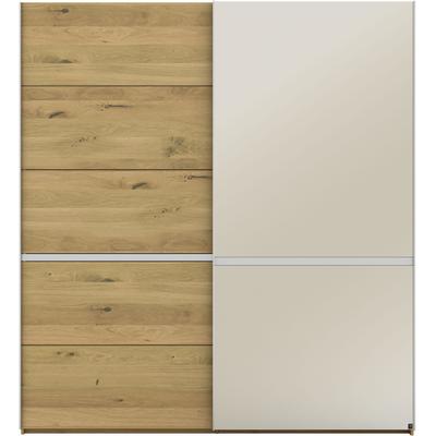 Schwebetürenschrank MUSTERRING "Savona, Kleiderschrank, Schrank, Garderobe, mit Schiebetüren", braun, B:200cm H:217cm, Schränke, Schwebetürenschrank, Türen Bianco-Eiche massiv, Spiegel-/Glastüren, eingelegte Chromleiste