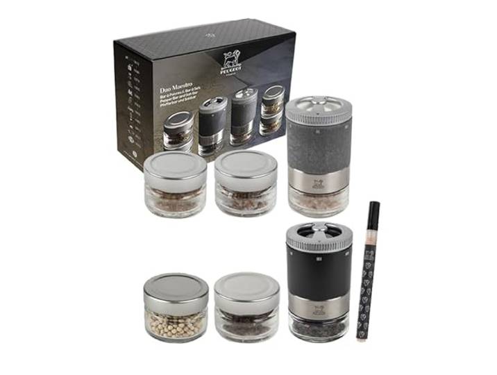 PEUGEOT - Set Maestro Pfeffermühle + Salzmühle - Mit austauschbaren Behälter - 3 Pfeffersorten & 3 Salzsorten inklusive - Zirlion-Mahlwerk - Französisches Know-how - PEFC Holz - Schwarz & Edelstahl