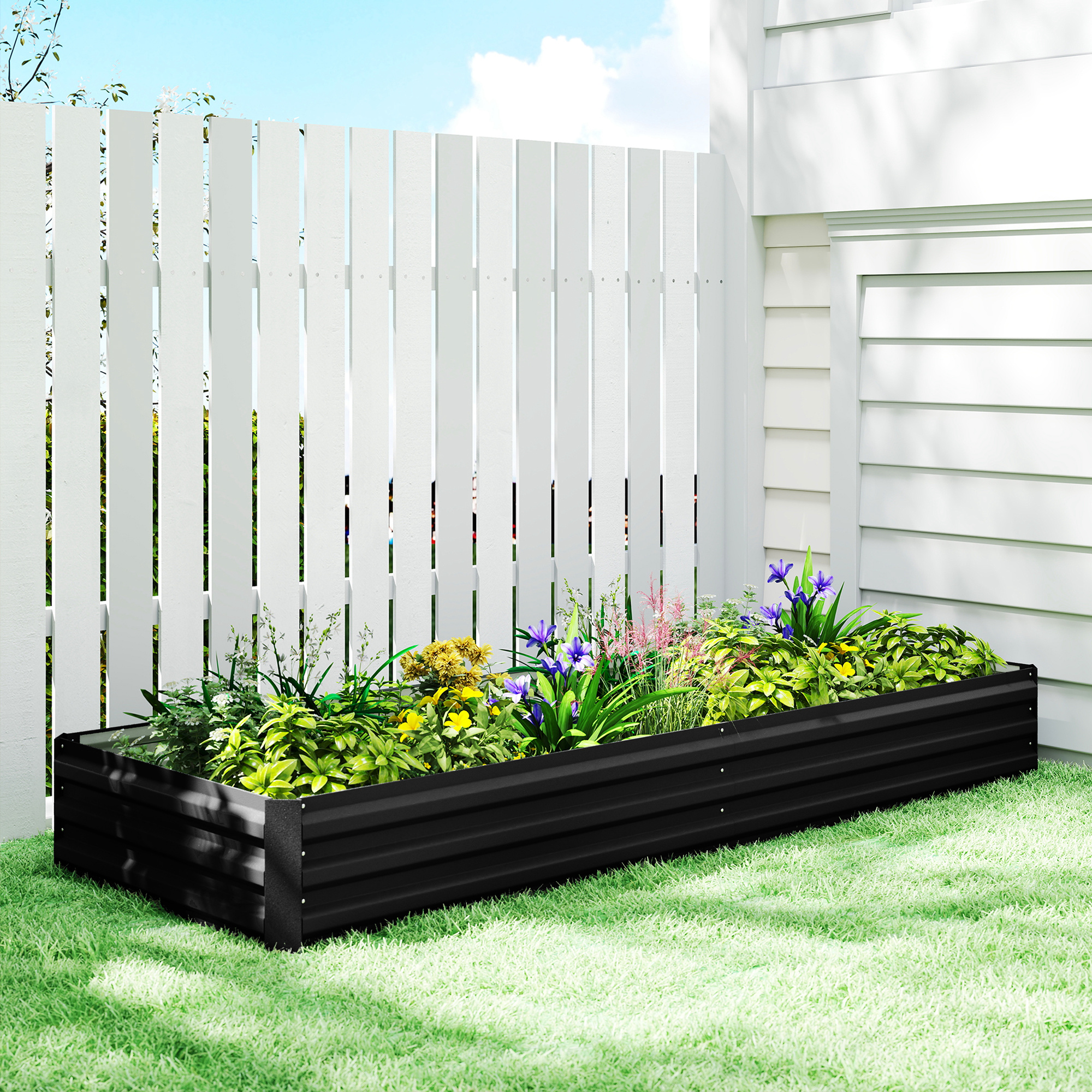 Outsunny Cassettone orto da giardino rettangolare fioriera da esterno 241 x 90,5 x 30 cm lamiera d'acciaio ondulata nero   Aosom Italy