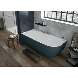 Hoesch iSensi Eckbadewanne 1800x800 Monolith links, BiColor Weiß-Grau, freistehend mit Untergestell und Überlaufgarnitur