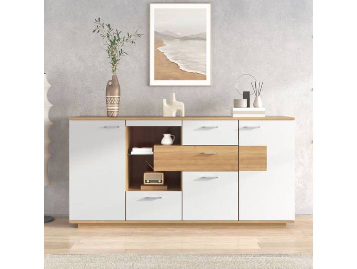 Piaenon - buffet avec éclairage LED 160x40x77cm 2 portes 4 tiroirs couleur naturelle.
