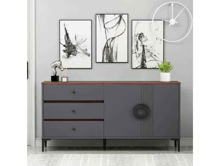 Homidea ZOE Konsole – Kommode – Sideboard – TV Board – mit 2 Türen und 3 Schubladen in modernem Design 150 x 78.6 x 40 cm (Anthrazit/Walnuß)