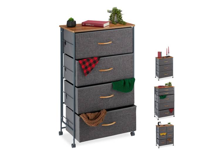 Relaxdays Schubladenschrank Grau mit Rollen Stoffschubladen, Anthrazit, Metall, 58x93x30 cm, Kleinmöbel, Kommoden, Kommoden