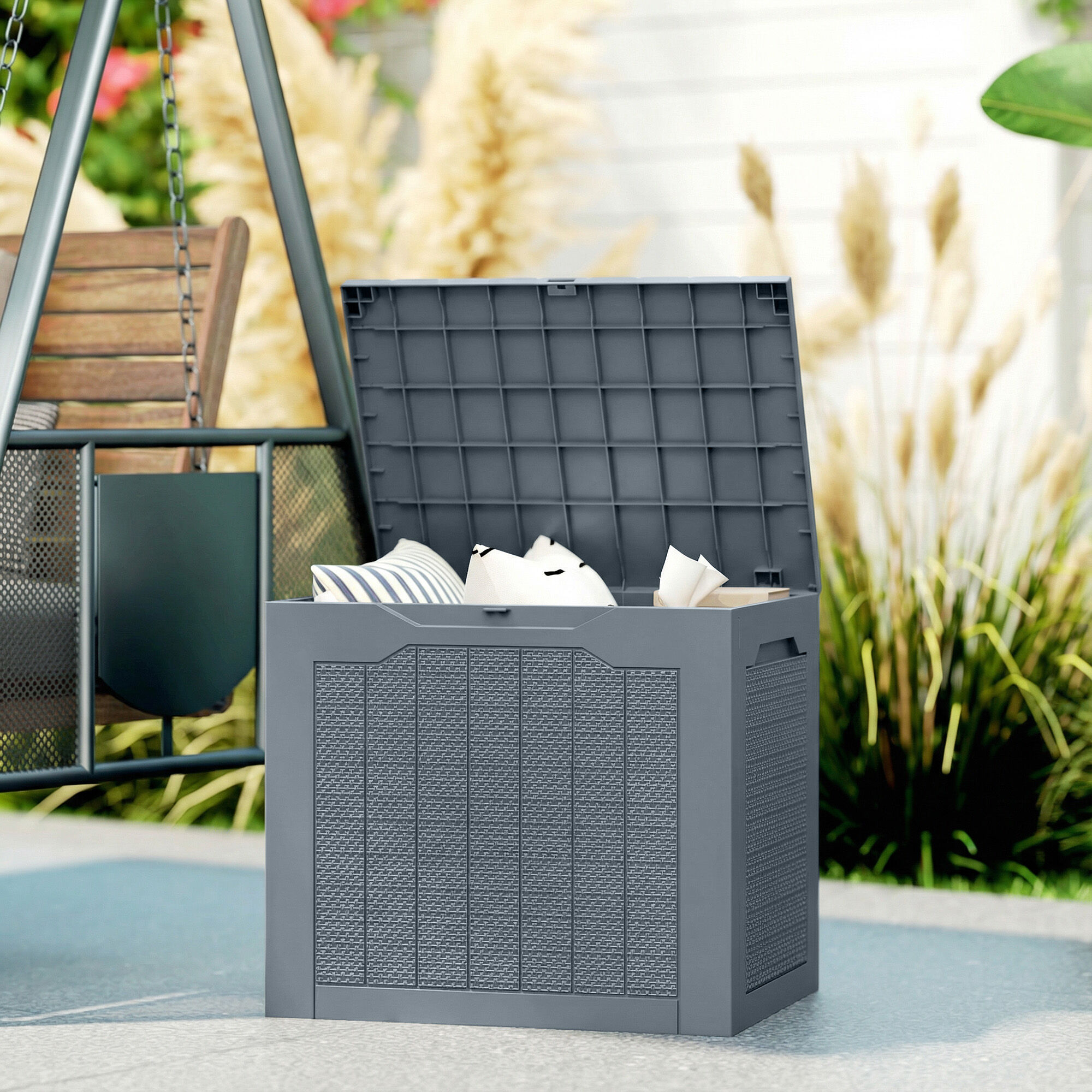 Altro Baule Da Giardino Impermeabile Con Maniglie, In Pp, 56x41x50 Cm, Grigio Chiaro