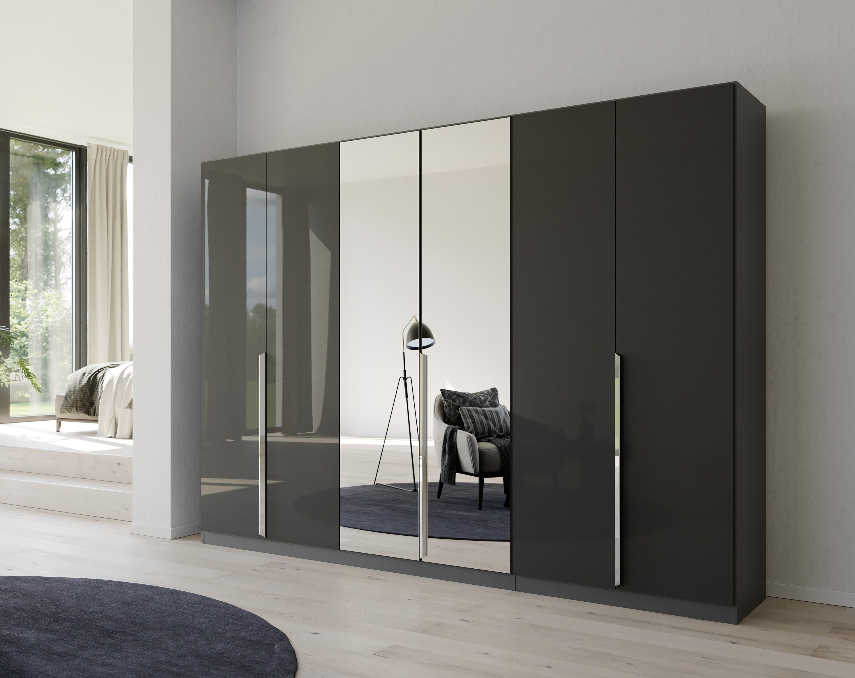 Drehtürenschrank RAUCH "Kleiderschrank Schrank Garderobe Ankleide GLAMOUR BY QUADRA SPIN", grau (graumetallic, hochglanz effektgrau), B:271cm H:210cm T:54cm, Holzwerkstoff, Schränke, Drehtürenschrank, mit Spiegel und Hochglanz-Front, Stangengriff MADE IN 