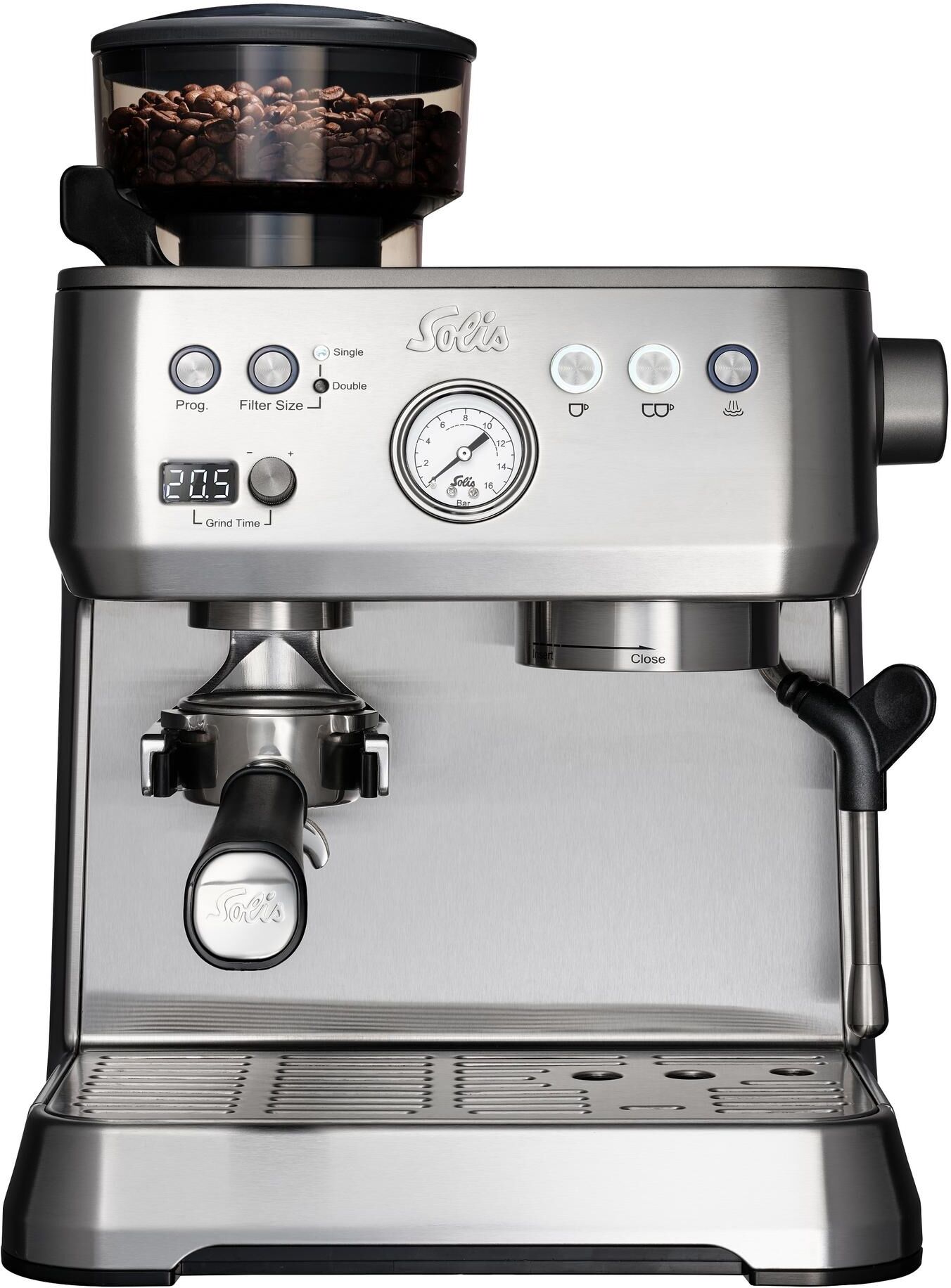 Solis OF SWITZERLAND Siebträgermaschine "Grind & In", Energieeffizienz: B, silber (silberfarben), B:30cm H:40cm T:38cm, Kaffeemaschinen, Siebträgermaschine silberfarben Einheitsgröße