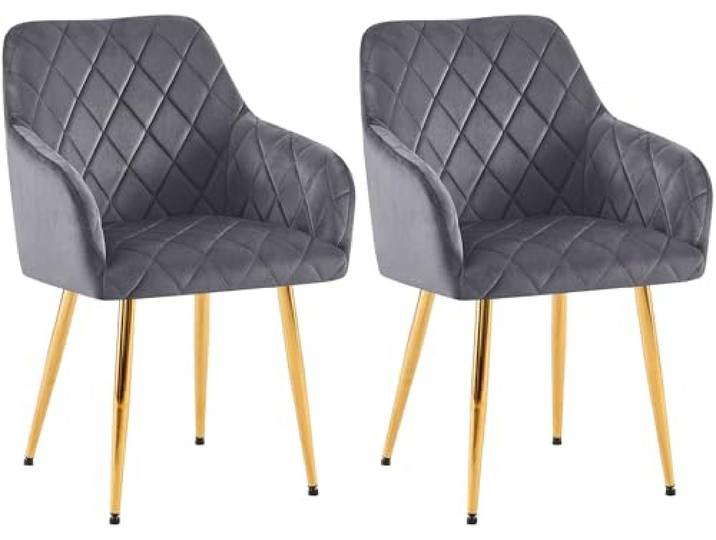 CLP 2er Set Esszimmerstühle Monett I Polsterstühle mit Samtbezug I Küchenstühle mit stabilem Metallgestell Farbe dunkelgrau Material Gestell Metall Gold