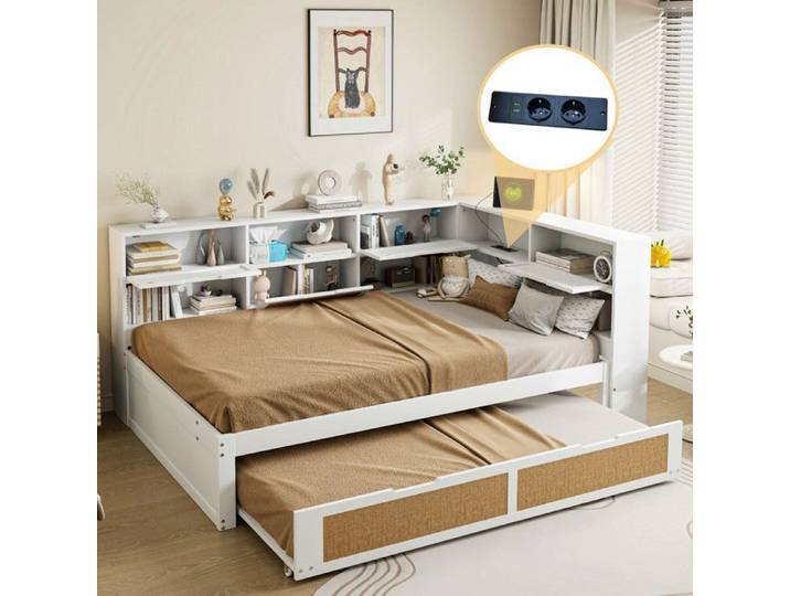 Lit combiné - VVBV - 140x200 avec gigogne - Blanc - Prises de charge intégrées - Rangements intégrés
