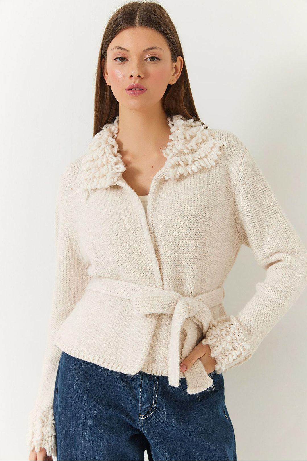Rüschenbindeschal-Kragen-Cardigan