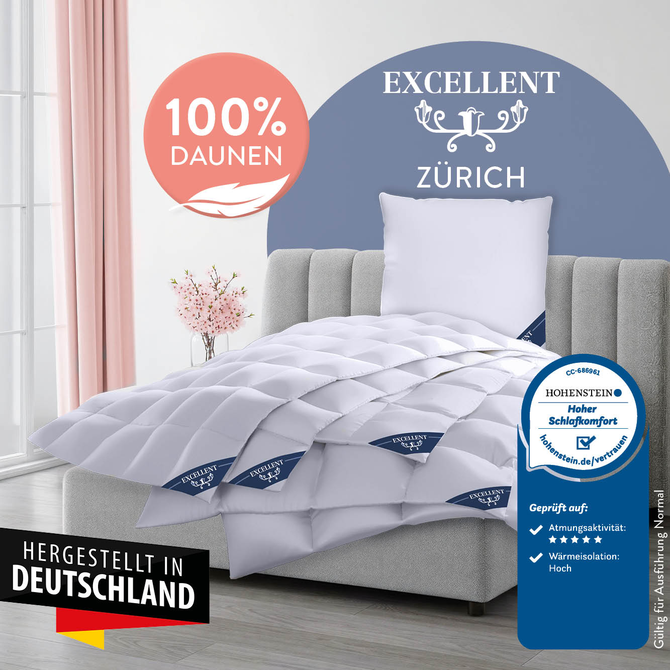 Daunenbettdecke EXCELLENT "Zürich, Bettdecke normal mit Bestnote "Hoher Schlafkomfort" bewertet.", weiss (weiß), B:240cm L:220cm, Bezug: 100% Baumwolle. Füllung: 100% Daunen, Bettdecken, Daunenbettdecke, Bettdecke 135x200 cm, 155x220cm und weitere Grössen