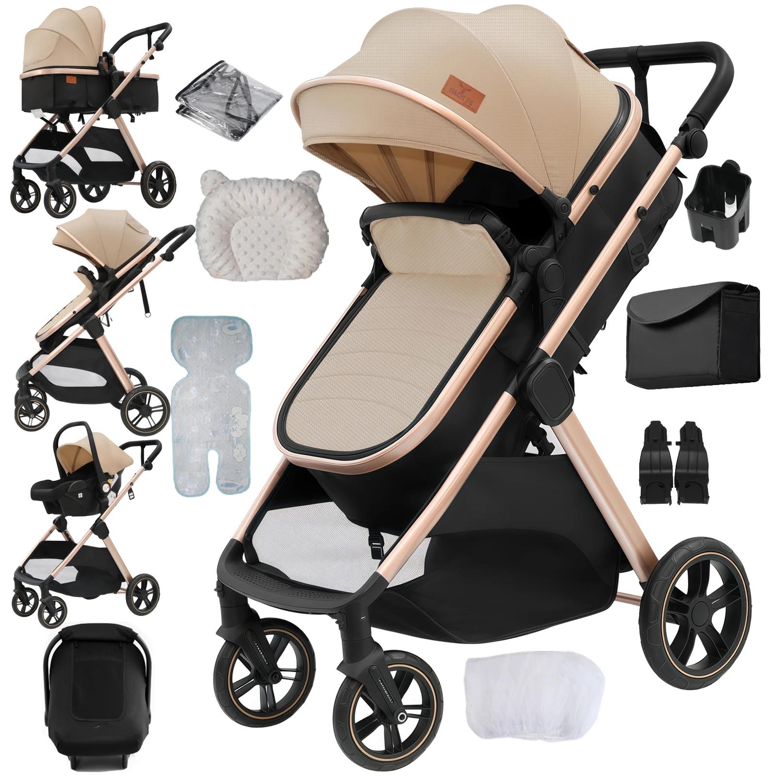 Kinderwagen 3-in-1 - Reisesystem - Faltbar - Wende-Sitzeinheit - Verstellbare Rückenlehne - Leinenbezug - Max. 15 kg - Beige