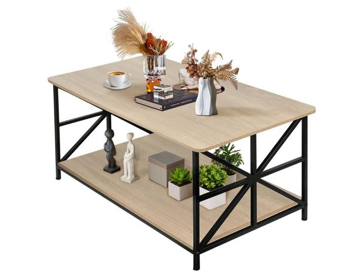 JEOBEST Table Basse Rectangulaire Table d'Appoint de Salon Table de Salon en Bois avec 2 Niveaux Rangement 100×52×47.5cm