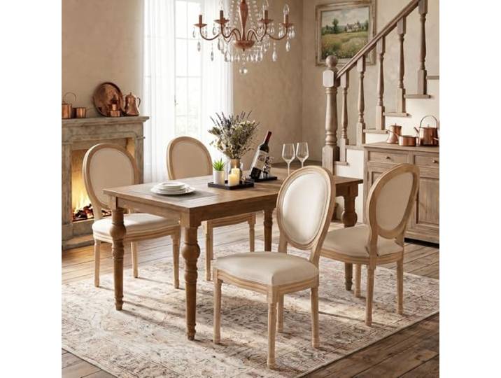 Französische Esszimmerstühle, runder Rücken aus Leinen, 4er Set, Beige Massivholzstruktur, ovaler Rücken, retro antik Finish, Landhausstil, geeignet für Küche und Esszimmer.