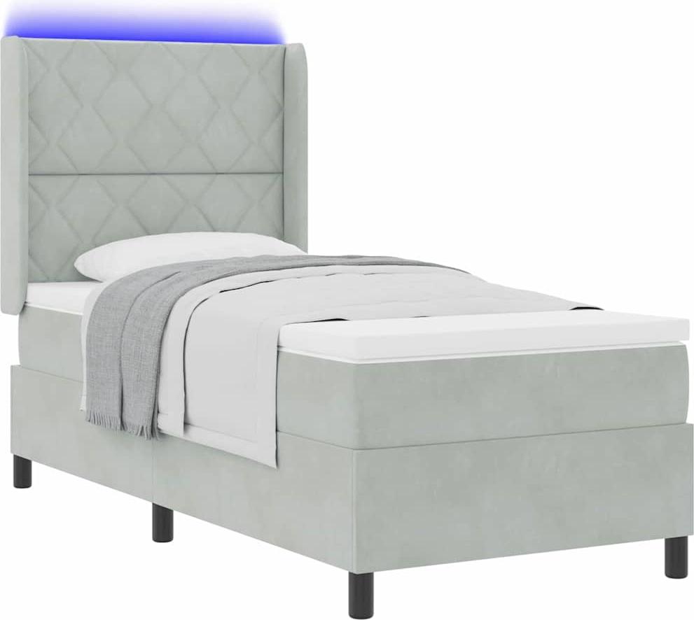 Boxspringbett mit LED-Lichtleisten Hellgrau 90 x 190 cm Samt