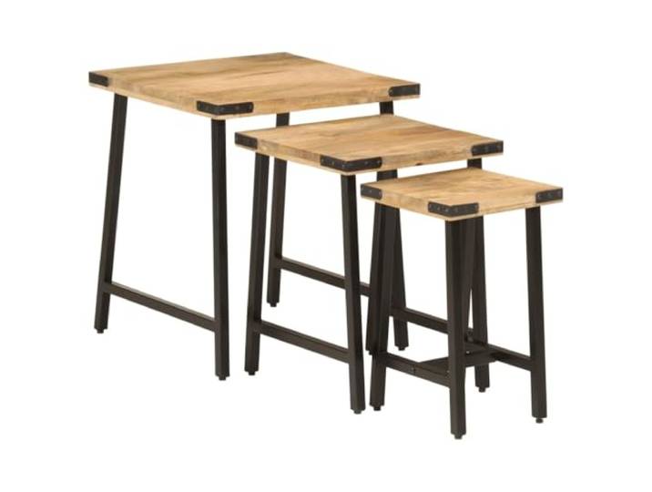 GKHPYURE Set mit 3 stapelbaren Tischen aus Massivholz Mango- und Eisen Massives Mangoholz, schwarz pulverbeschichtetes Eisen, stapelbare Tische, Nachttisch, Beistellschrank