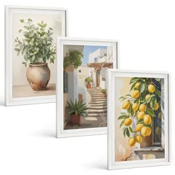 BILDER SET 3er Set - 40x60 cm Weißer Rahmen - Zitronenblumen im Topf, Straßen