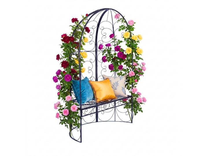 Relaxdays Gartenbank Schwarz Stahl mit Rosenbogen mit Dach 178x120x58 cm, Metall, 120x178x58 cm, Gartenmöbel, Gartenbank