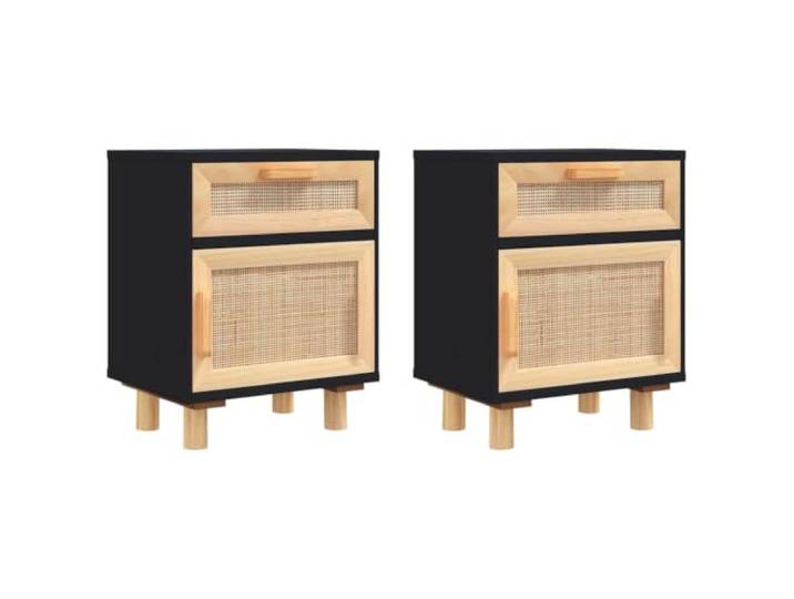 Fisinber Nachttisch 2er Set Schwarz Rattan Nachtkonsole 40x30x50cm Stilvolles 2er Set Nachtkonsolen fürs Schlafzimmer mit Rattan-Design, Schublade und stabilen Beinen aus Kiefernholz.