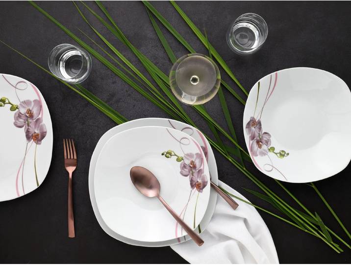 creaTable Kombiservice Square Orchidee, Kombi-Service 62-tlg (62-tlg), 6 Personen, Porzellan, Fotorealistische Darstellung