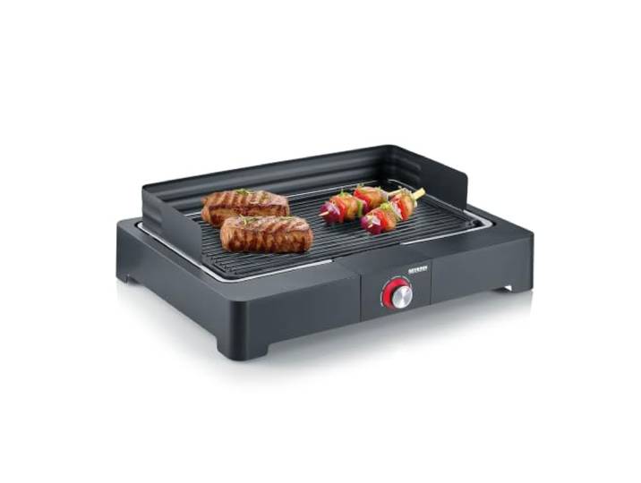 Severin Elektro-Grill, Tischgrill, Aluminium-Grillplatte, für Balkon, 2200W Max. 250°C, kurze Aufheizzeiten, Indoor- und Outdoor, SafeTouch, Wasserwanne, leichte Reinigung, 44,5x26cm, schwarz, 8567